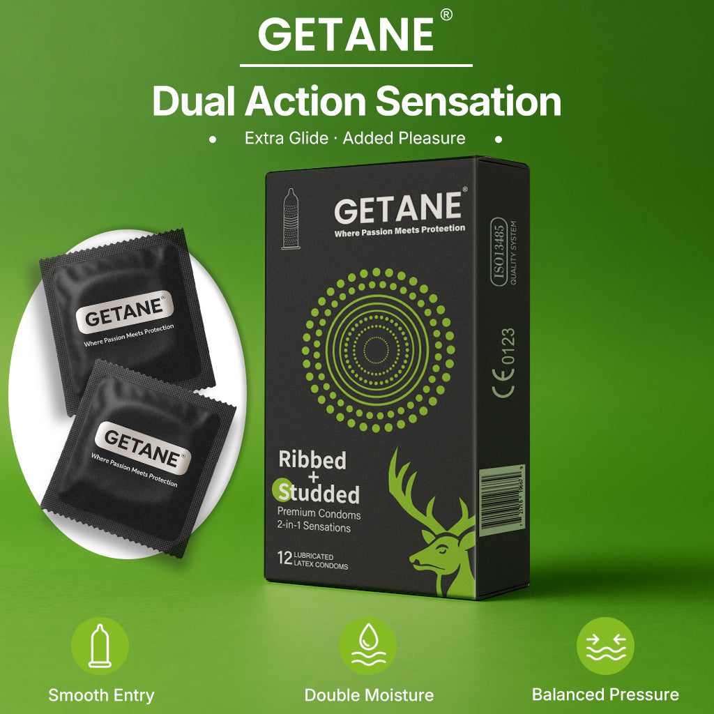 GETANE® For Him™ Ribbed+Studded Dual Sensation Condoms 12-Count Premium Pack