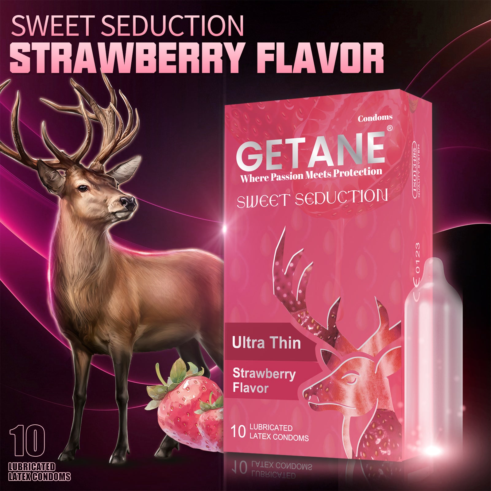 GETANE® For Him™ Strawberry Flavor Condoms 10-Count Deluxe Pack Secondary image