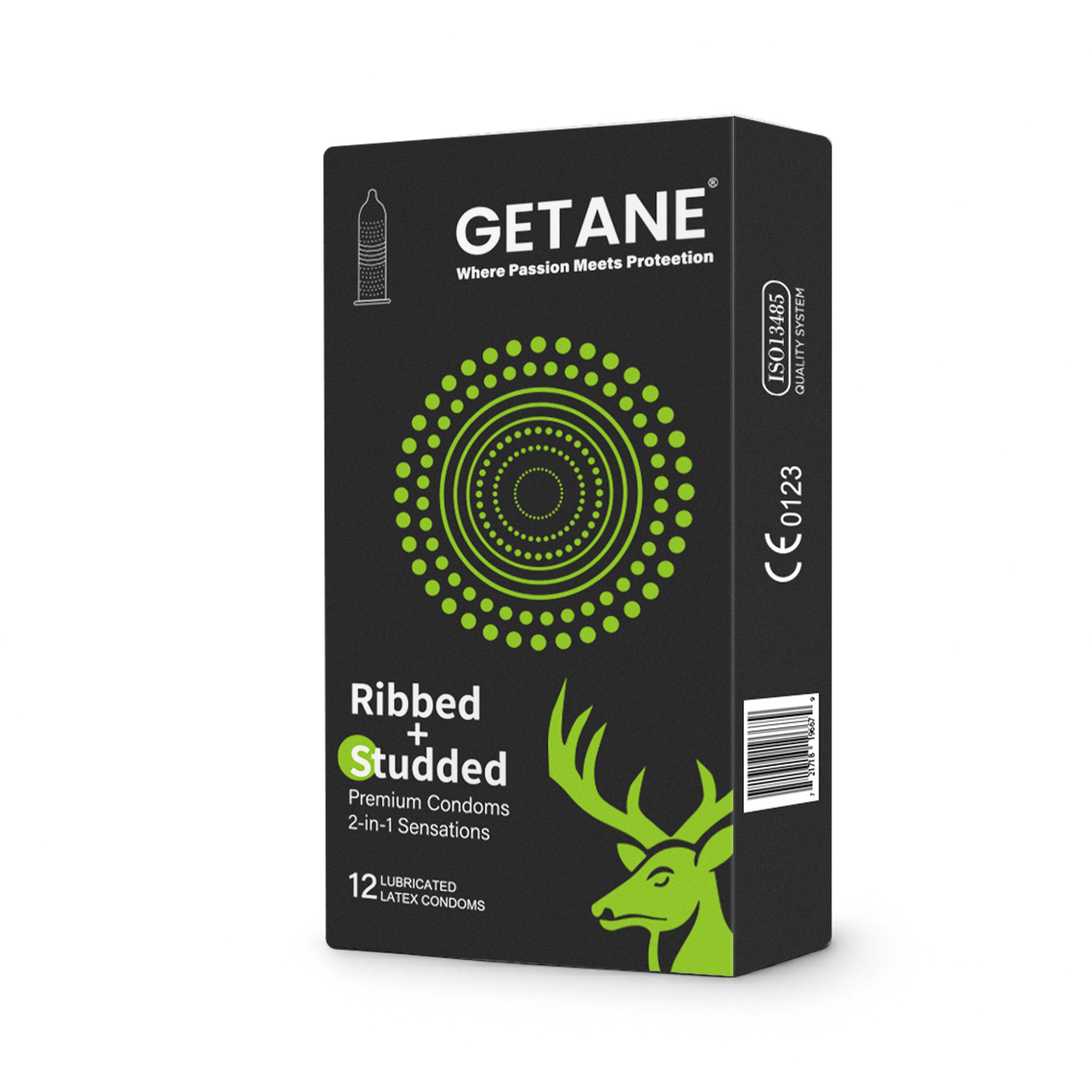 GETANE® For Him™ Ribbed+Studded Dual Sensation Condoms 12-Count Premium Pack Main image