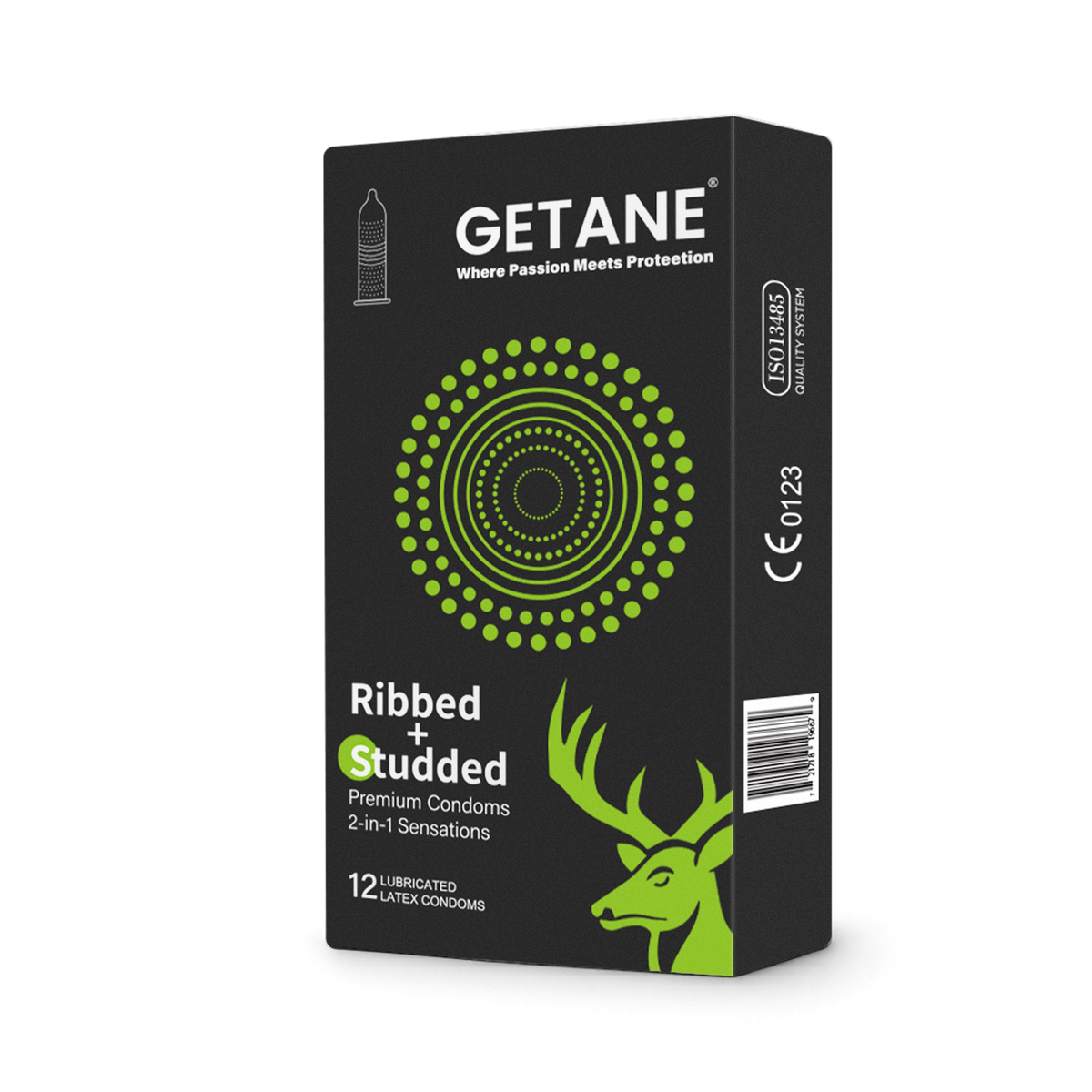 GETANE® For Him™ Ribbed+Studded Dual Sensation Condoms 12-Count Premium Pack