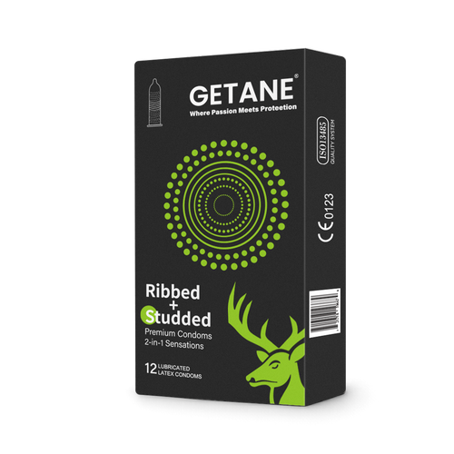 GETANE® For Him™ Ribbed+Studded Dual Sensation Condoms 12-Count Premium Pack
