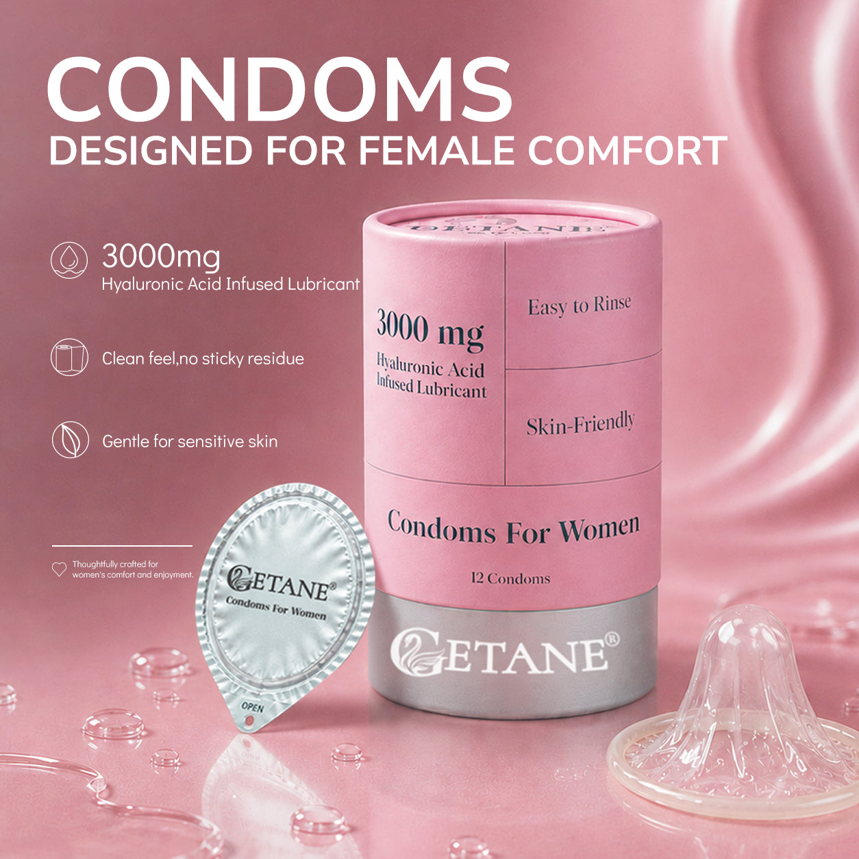 GETANE® For Her™ Hyaluronic Acid Condoms 12-Count Deluxe Pack