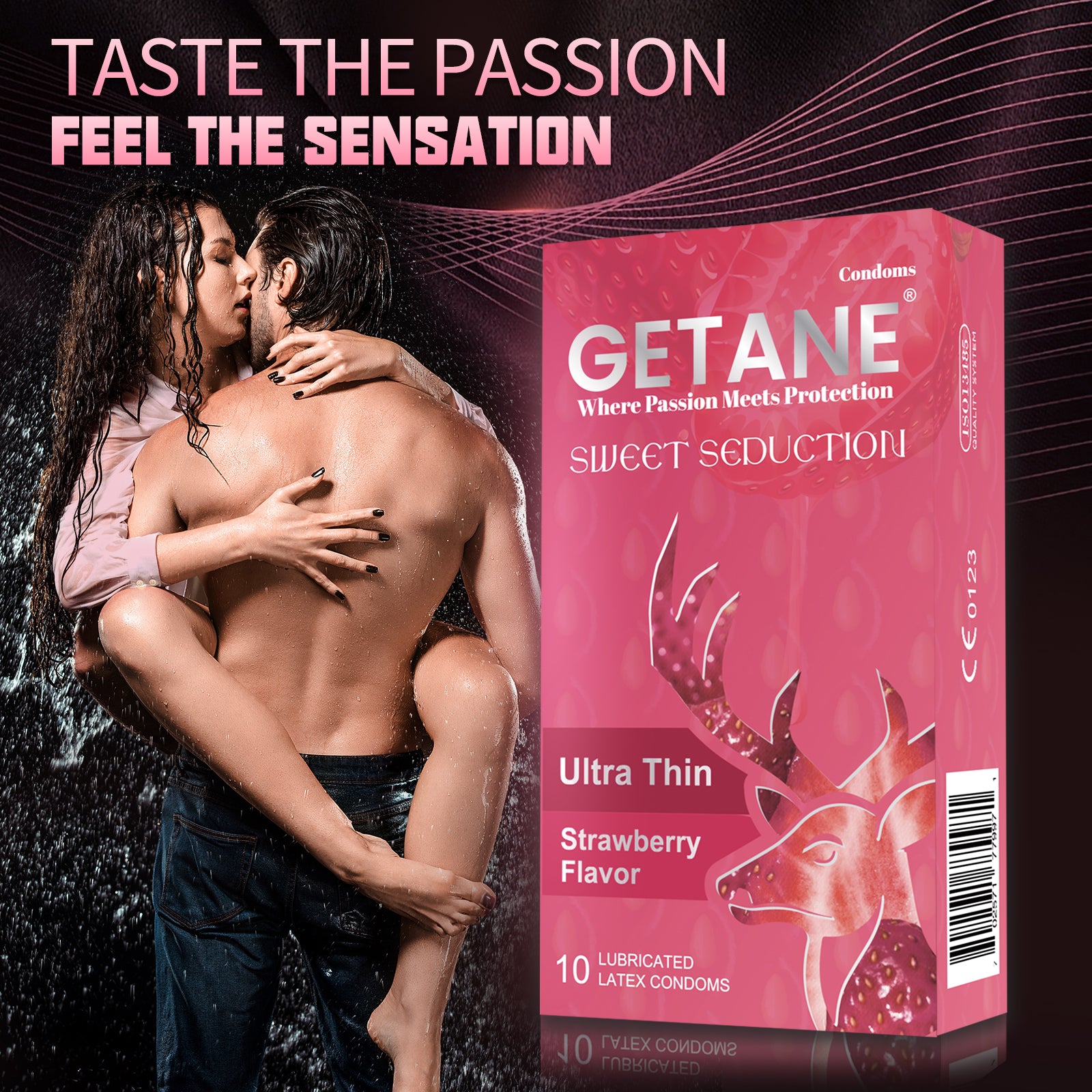 GETANE® For Him™ Strawberry Flavor Condoms 10-Count Deluxe Pack