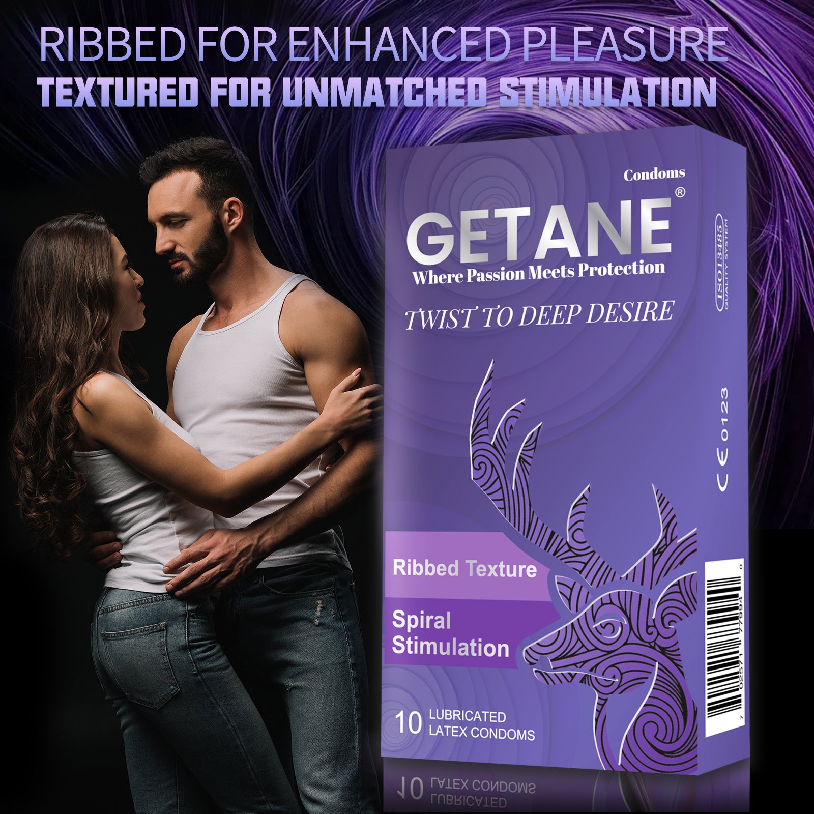 GETANE® For Him™ Extra Ribbed Condoms 10-Count Deluxe Pack