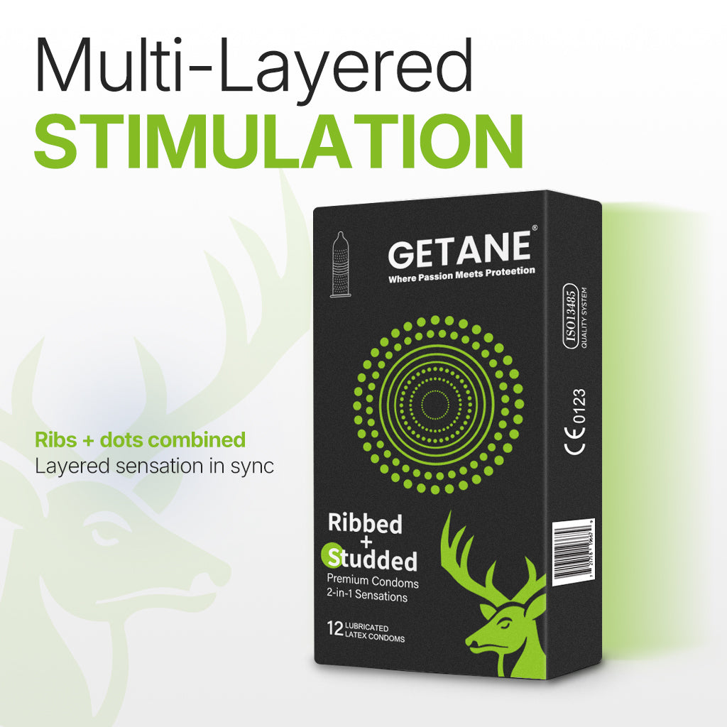 GETANE® For Him™ Ribbed+Studded Dual Sensation Condoms 12-Count Premium Pack